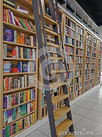 Bookstore - books, shelves, ladder Editorial Stock Photo