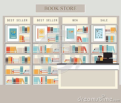 Bookstore with bookshelves Vector Illustration