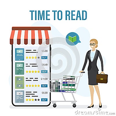 Bookstore on cell phone. Mobile app for buying books. Woman client chooses product in online store. Female customer after shopping Vector Illustration