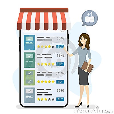 Bookstore on cell phone. Mobile application for buying books. Woman client chooses product in online store. Female customer buy in Vector Illustration