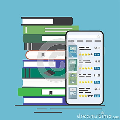 Bookstore on cellphone screen. Mobile application for buying books. Purchases in online store. Internet marketplace. Huge pile of Vector Illustration