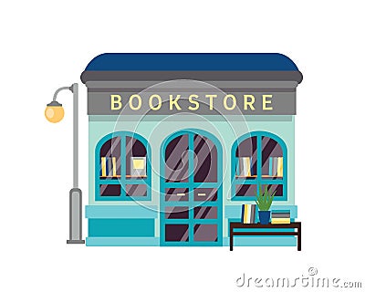 Bookstore flat vector illustration. Bookshop building facade with signboard isolated on white background. Small kiosk Vector Illustration