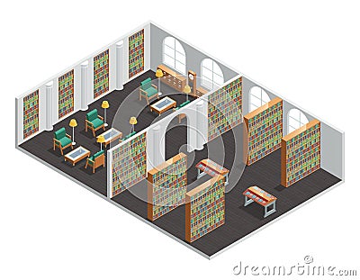 Bookstore And Library Isometric Interior Vector Illustration