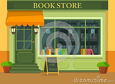 Bookstore or shop with books, store showcase Vector Illustration