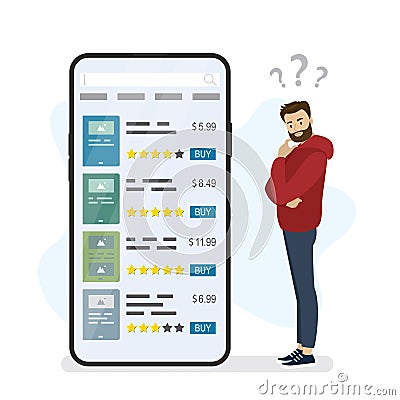 Bookstore on smartphone screen. Mobile application for buying books. Male client chooses product in online store. Internet Vector Illustration