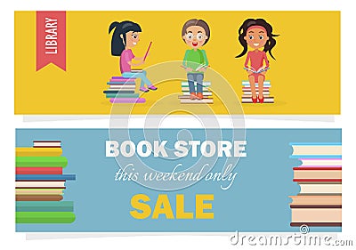 Bookstore This Weekend Only Sale and Kids Library Vector Illustration