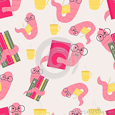 Bookworm.Hand-drawn educational seamless pattern bookworm and books.Drink coffee and read books . Cartoon style Vector Illustration