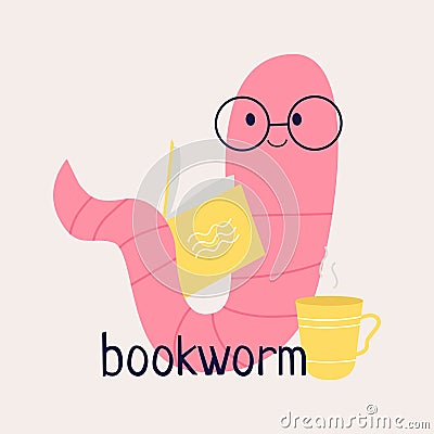 Bookworm.Read more books. A set of different bookworm in glasses and books. Hand-drawn educational vector illustrations. Cartoon Vector Illustration