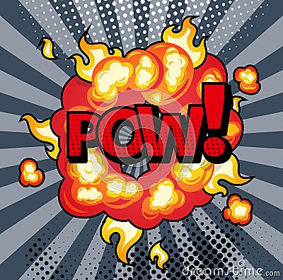 Boom. Comic book explosion bang on sunbeam striped background. Vector Illustration