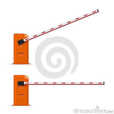 Boom gate or car barrier with rased and lowered bars realistic set. Pole blocking access. Cartoon Illustration