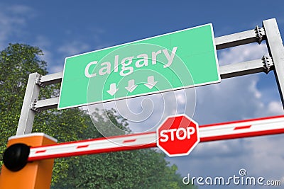 Boom gate near Calgary, Canada road sign. Coronavirus or some other disease quarantine related 3D rendering Stock Photo