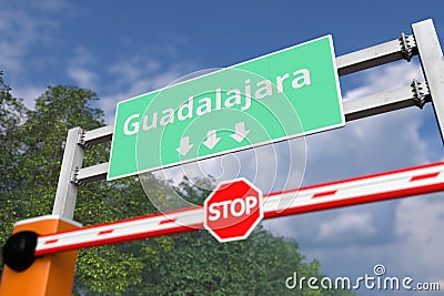Boom gate near Guadalajara, Mexico road sign. Coronavirus or some other disease quarantine related 3D rendering Stock Photo