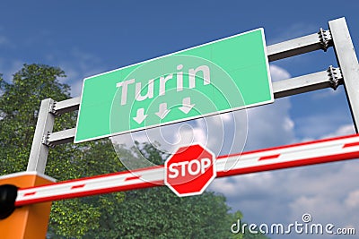 Boom gate near Turin, Italy road sign. Coronavirus or some other disease quarantine related 3D rendering Stock Photo