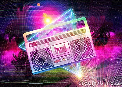 Boombox 80s vaporwave tropical poster Stock Photo