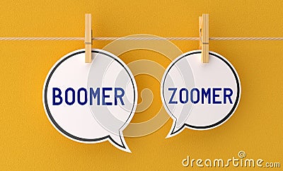 Boomer and zoomer text message.Speech bubbles attached to a string with clothespins. Yellow backgroun Stock Photo