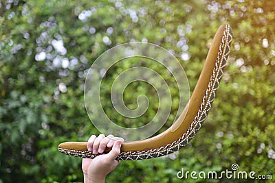 Boomerang in male hand on green background Stock Photo