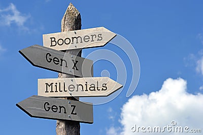 Boomers, Gen X, Millenials, Gen Z - wooden signpost with four arrows Stock Photo