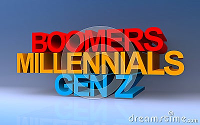 boomers millennials gen z on blue Stock Photo