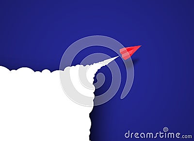 Boost Your Business idea Concept With paper Cloud and Red plane Flying In Royal Blue background. Launch Your Ideas Or website Cartoon Illustration
