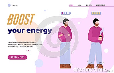 Boost your energy site with active and exhausted man cartoon vector illustration. Vector Illustration
