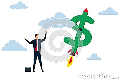 Boost your income, happy businessman company owner or investor with dollar money sign launch rocket booster high in sky Stock Photo