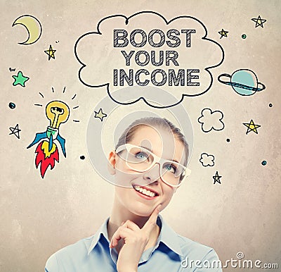 Boost Your Income idea sketch with young business woman Stock Photo