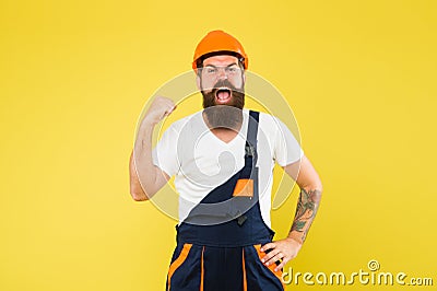 Boost your power. Crazy builder flex arm yellow background. Power building. Construction work. Engineering development Stock Photo