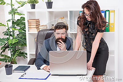 Boosting creativity. Managerial skills at work. Corporate strategy. Legal adviser. Office secretary. Business couple Stock Photo