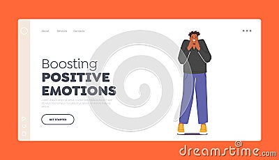 Boosting Positive Emotions Landing Page Template. Joyous African Man Crying of Laughter with Closed Eyes, Funny Joke Vector Illustration