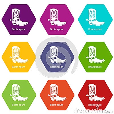Boot spurs icons set 9 vector Vector Illustration