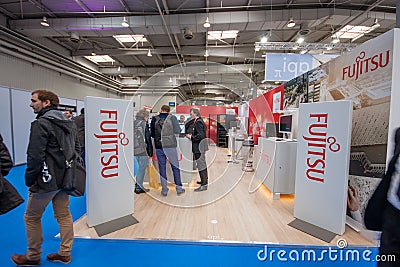 Booth of Fujitsu company at CeBIT information technology trade show Editorial Stock Photo