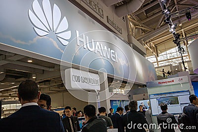 Booth of Huawei company at CeBIT information technology trade show Editorial Stock Photo