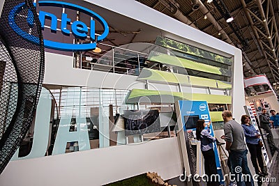 Booth of Intel Corporation at CeBIT information technology trade show Editorial Stock Photo