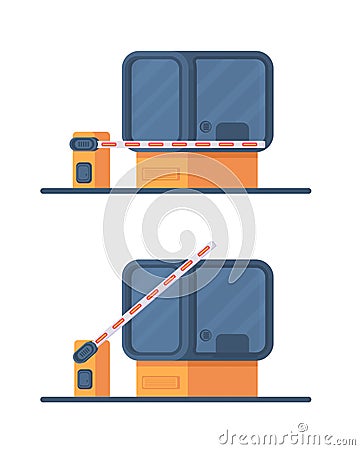 Booth for security and control over the admission of cars. The collection is drilled on the toll road. Vector Illustration