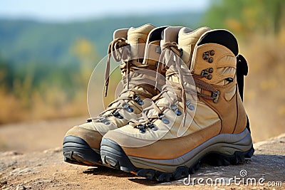 boots on a hikers backpack Stock Photo