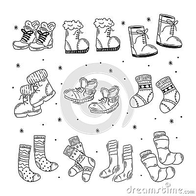 Boots and socks hand drawn doodles coloring Vector Illustration