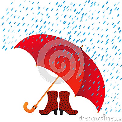 Boots under an umbrella and rain Vector Illustration