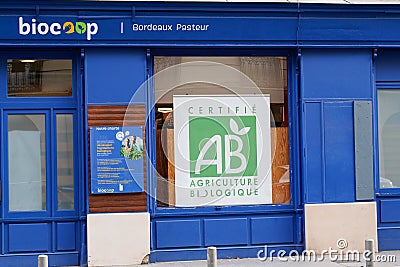 Ab agriculture biologique shop text sign and logo on french bio store Editorial Stock Photo