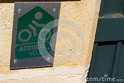 Accueil velo plate green sign and logo text french bike cycle bikers welcome sign in Editorial Stock Photo
