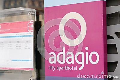 Adagio logo and sign city aparthotel entrance hotel door Editorial Stock Photo