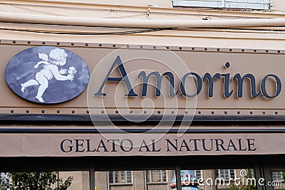 Amorino logo brand and text sign on facade Italian cafe of ice Gelato Icecream Editorial Stock Photo