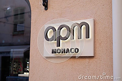 APM Monaco logo brand and text sign front wall boutique fashion jewelry luxury Editorial Stock Photo