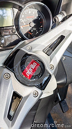 Aprilia scooter logo text and brand sign front dashboard speedometer detail motorcycle Editorial Stock Photo