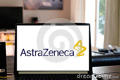 AstraZeneca medical company logo brand and text sign on screen computer Editorial Stock Photo
