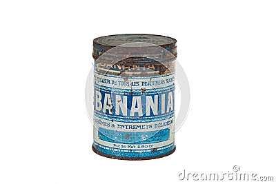 Banania old round metal blue 1900 box with vintage logo brand text sign of children Editorial Stock Photo