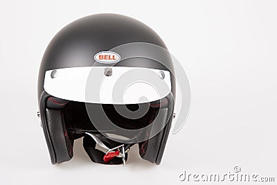 Bell helmet american brand black motorcycle anti sun protective visor retro and vintage Editorial Stock Photo