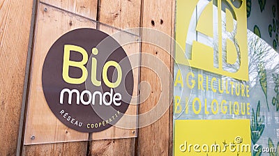 Bio Monde logo brand and text sign front of store commercial distribution of food Editorial Stock Photo