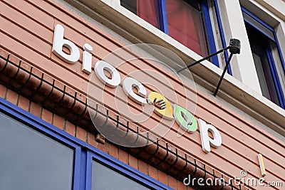 Biocoop logo and text sign of commercial distribution of food labeled Bio fair trade Editorial Stock Photo