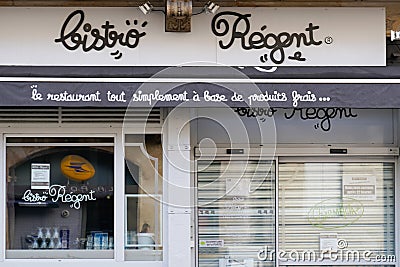Bistro regent French chain restaurant sign text and logo on building wall Editorial Stock Photo