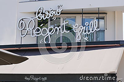 Bistro regent grill text and sign logo of franchise brand french chain of restaurant Editorial Stock Photo